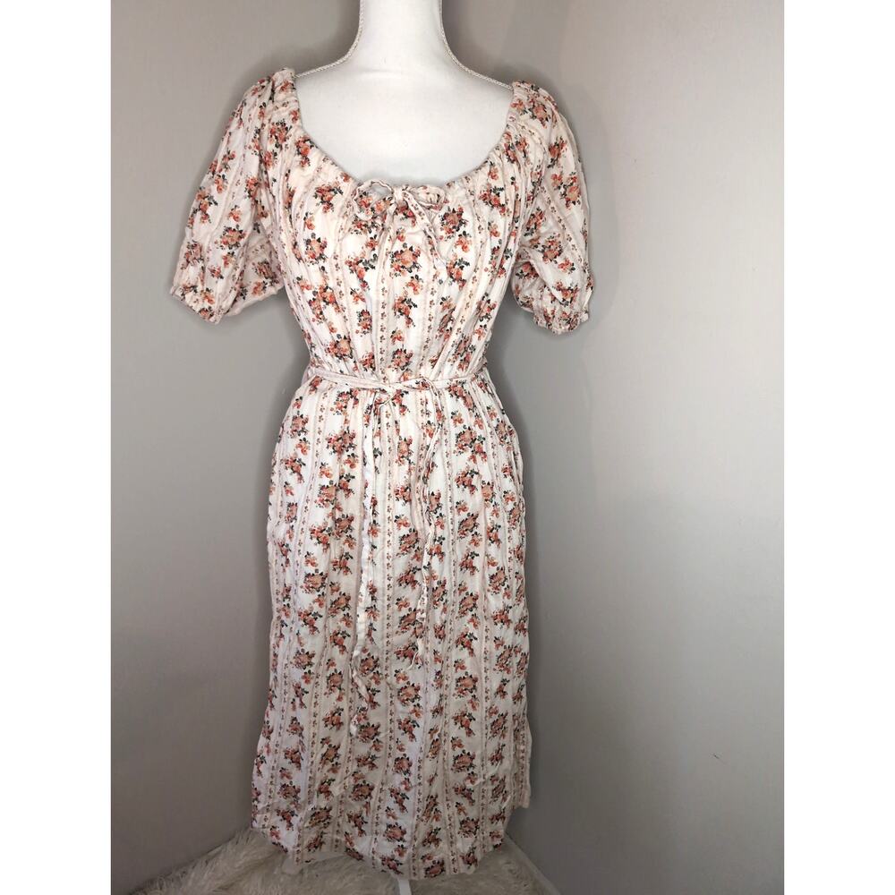 A Loves A Floral Midi Dress XS Cottagecore Balloon Sleeve Belted Romantic